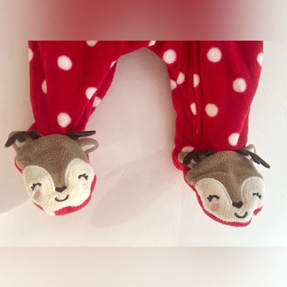 Carter's Red Polka Dot Zip-Up Footie with Cute Reindeer - Newborn Baby Girl - Picture 4 of 7